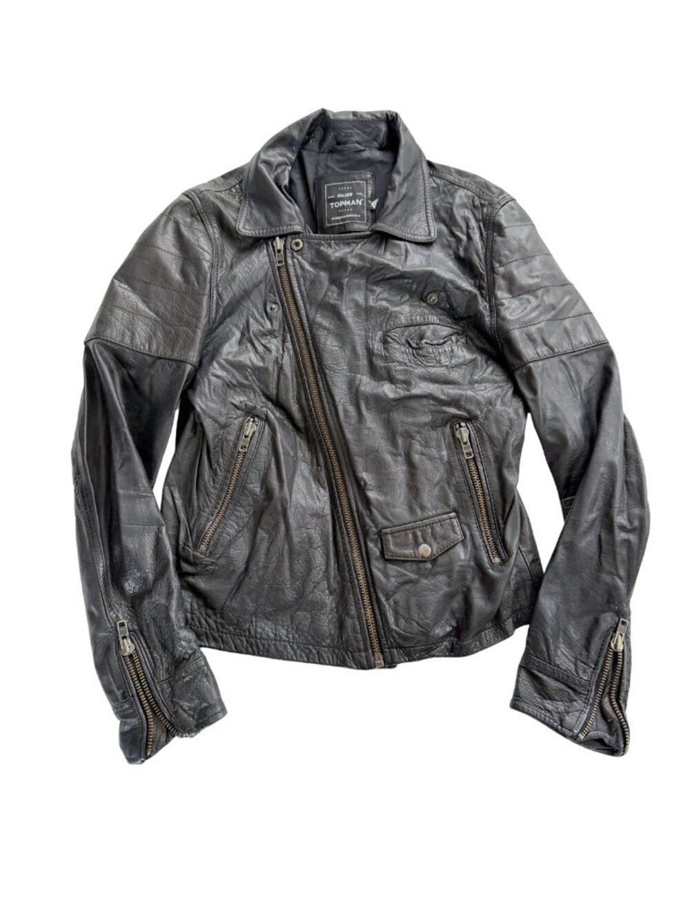 TOPMAN Black Real Leather Biker Jacket Asymmetric Moto Grunge Sz M